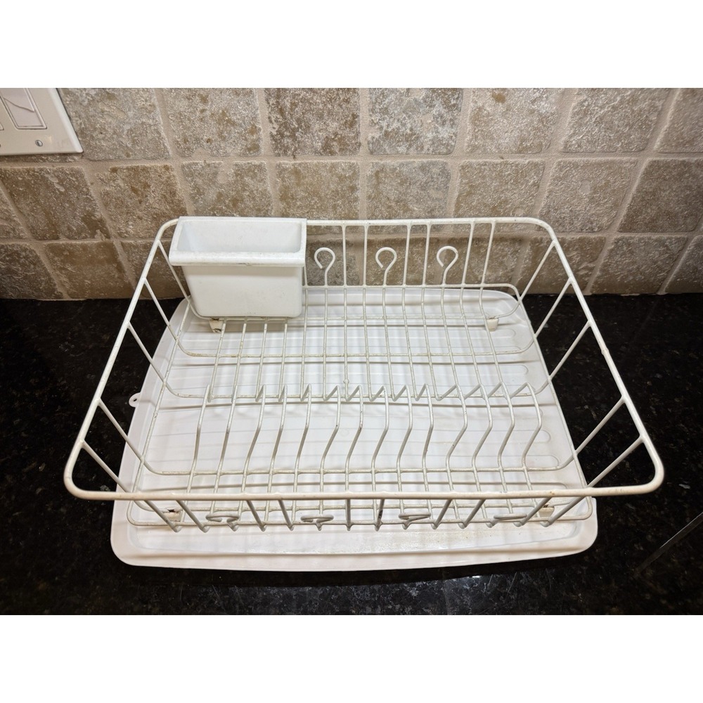 Vintage Rubbermaid White Coated Dish Drying Rack W/Silverware Cup & Drain Mat - Picture 2 of 16